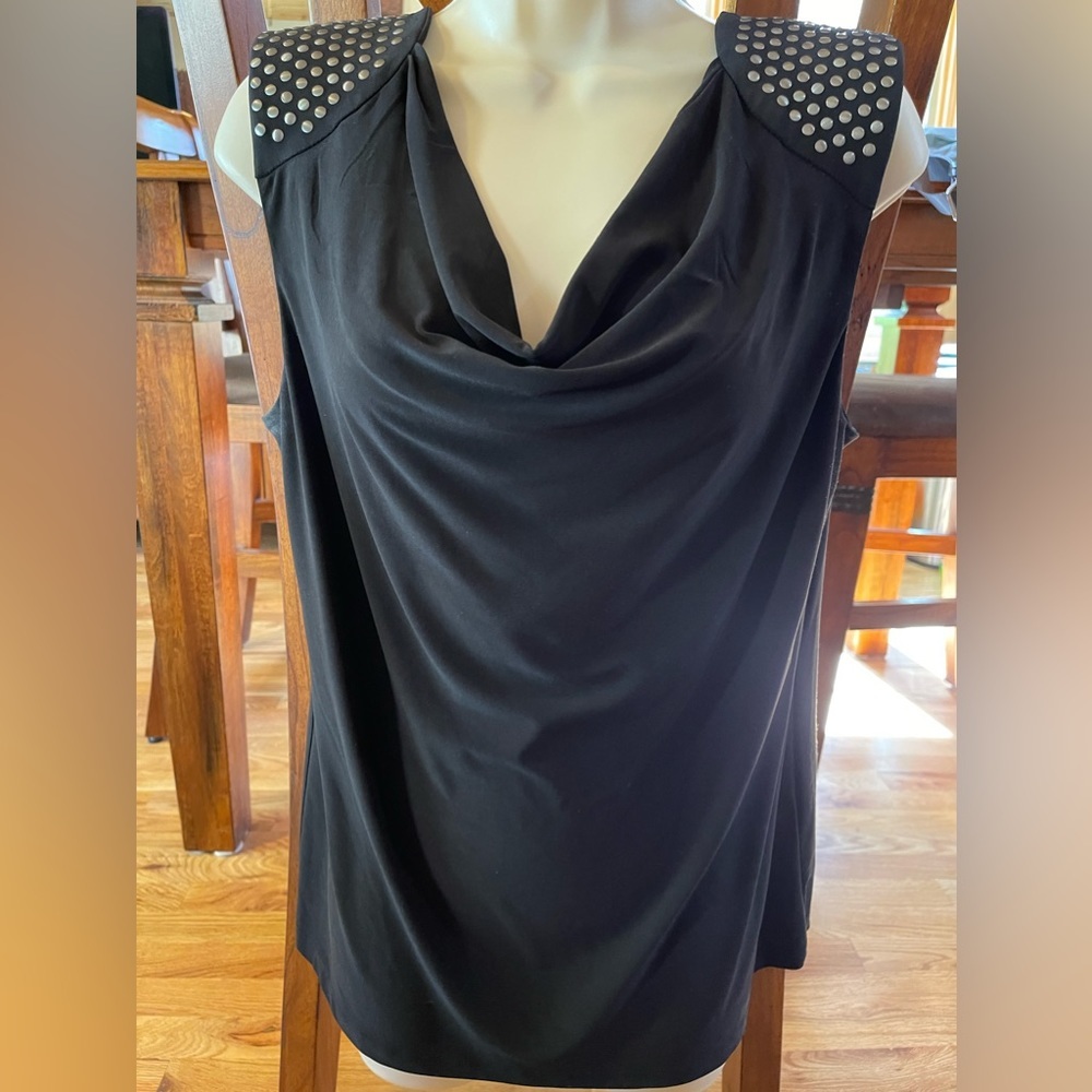 Kenneth Cole Women's Medium Black Cowl Neck Top Studded Shoulder Sleeveless
